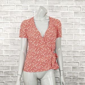 Sezane Women's Olumpia Vneck Wrap Blouse in Red Daisy Print Size 36